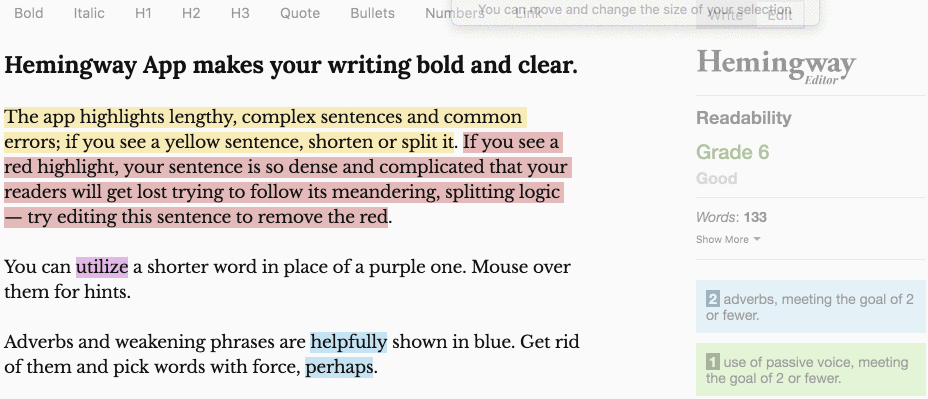 Utdrag ur skrivverktyget Hemingway som hjälper dig att göra texten enklare med högre läsbarhet